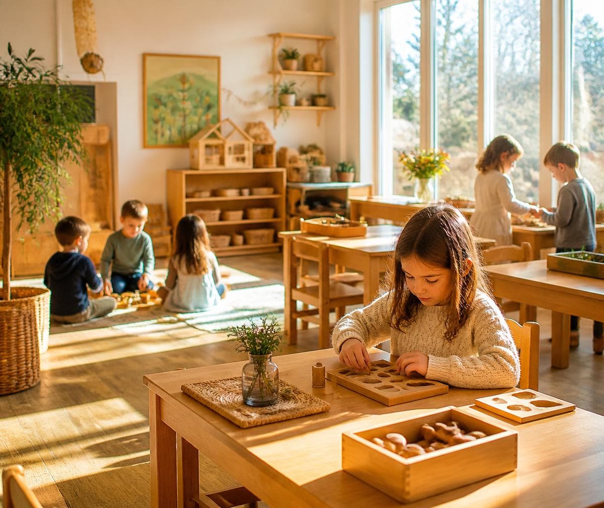 Aula soleada con niños aprendiendo y jugando en un ambiente cálido